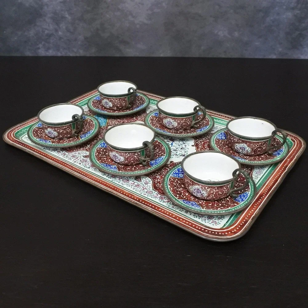 Antique Persian Minakari Enamel Floral Birds Tea & Coffee Cups Saucers Tray Set